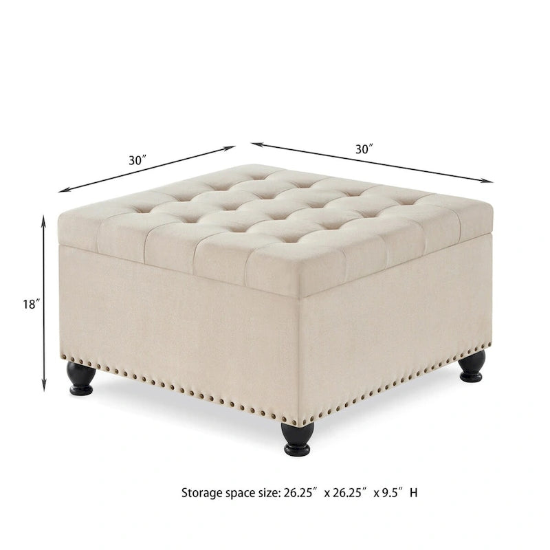 Puf otomano cuadrado de almacenamiento beige / gris oscuro / marrón / negro, con botones, reposapiés para 2 personas y mesa de centro
