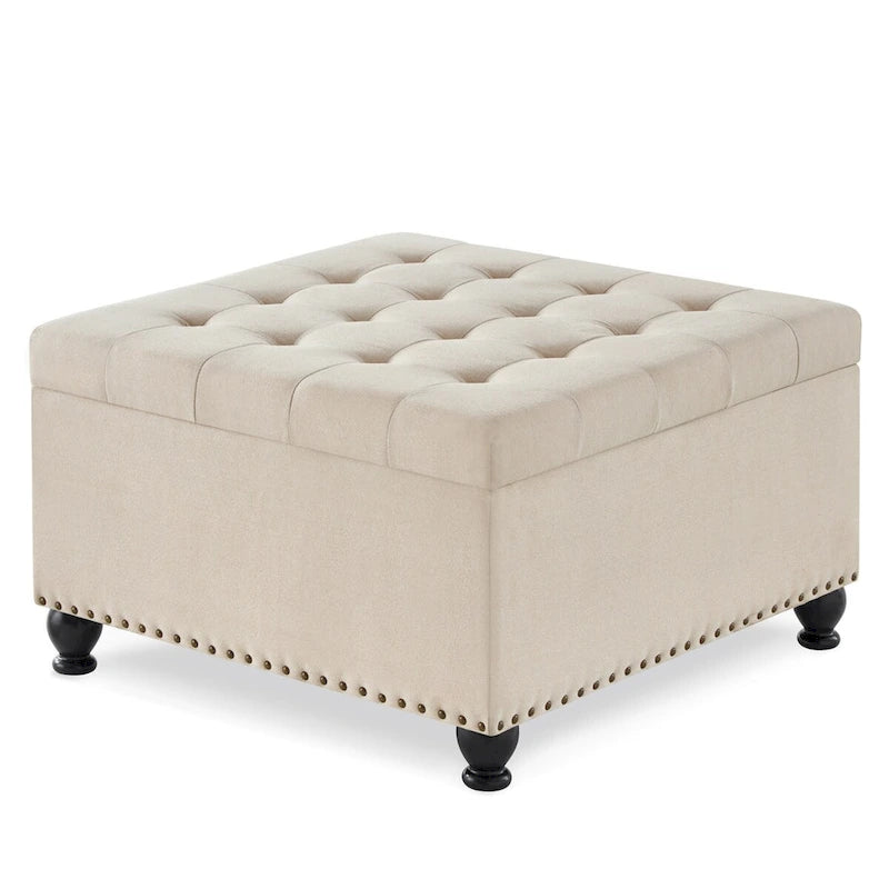 Puf otomano cuadrado de almacenamiento beige / gris oscuro / marrón / negro, con botones, reposapiés para 2 personas y mesa de centro