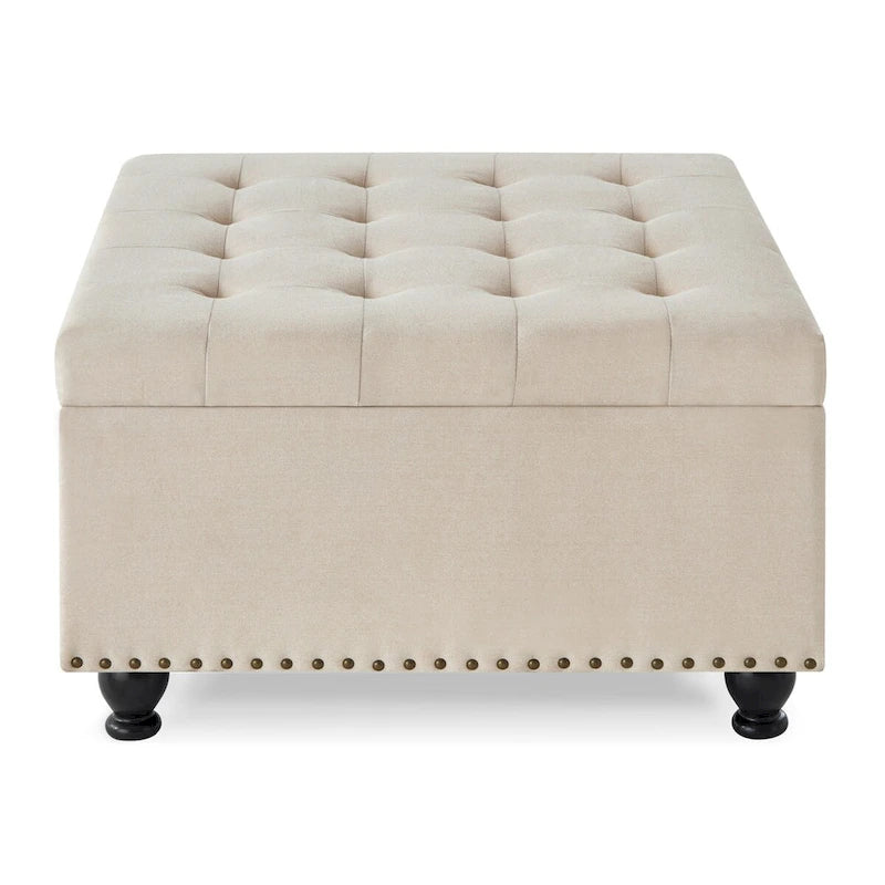 Puf otomano cuadrado de almacenamiento beige / gris oscuro / marrón / negro, con botones, reposapiés para 2 personas y mesa de centro