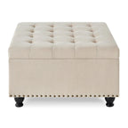 Puf otomano cuadrado de almacenamiento beige / gris oscuro / marrón / negro, con botones, reposapiés para 2 personas y mesa de centro