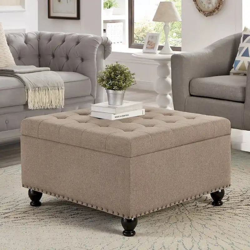 Puf otomano cuadrado de almacenamiento beige / gris oscuro / marrón / negro, con botones, reposapiés para 2 personas y mesa de centro