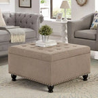Puf otomano cuadrado de almacenamiento beige / gris oscuro / marrón / negro, con botones, reposapiés para 2 personas y mesa de centro