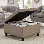Puf otomano cuadrado de almacenamiento beige / gris oscuro / marrón / negro, con botones, reposapiés para 2 personas y mesa de centro