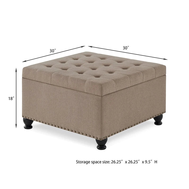 Puf otomano cuadrado de almacenamiento beige / gris oscuro / marrón / negro, con botones, reposapiés para 2 personas y mesa de centro