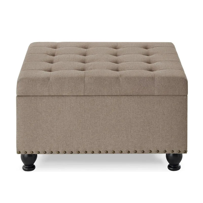 Puf otomano cuadrado de almacenamiento beige / gris oscuro / marrón / negro, con botones, reposapiés para 2 personas y mesa de centro