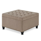 Puf otomano cuadrado de almacenamiento beige / gris oscuro / marrón / negro, con botones, reposapiés para 2 personas y mesa de centro
