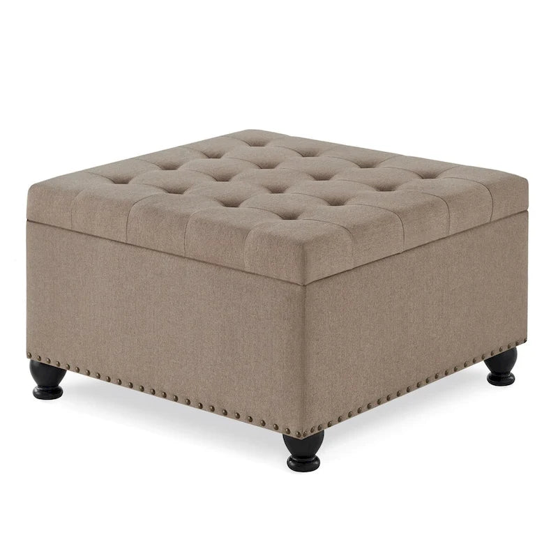 Puf otomano cuadrado de almacenamiento beige / gris oscuro / marrón / negro, con botones, reposapiés para 2 personas y mesa de centro