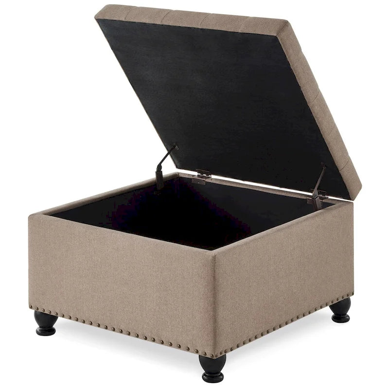 Puf otomano cuadrado de almacenamiento beige / gris oscuro / marrón / negro, con botones, reposapiés para 2 personas y mesa de centro