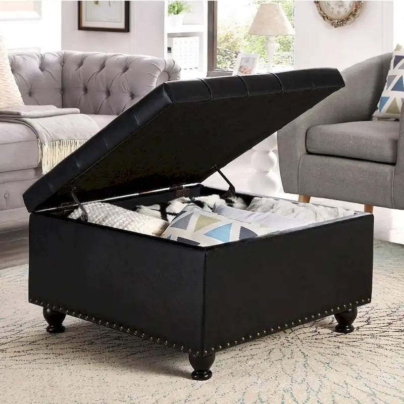 Puf otomano cuadrado de almacenamiento beige / gris oscuro / marrón / negro, con botones, reposapiés para 2 personas y mesa de centro