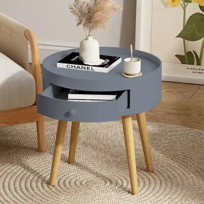 Mesa auxiliar blanca/gris con cajón, patas de roble, un solo uso