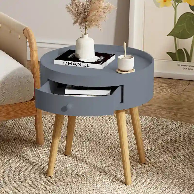 Mesa auxiliar blanca/gris con cajón, patas de roble, un solo uso