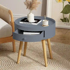 Mesa auxiliar blanca/gris con cajón, patas de roble, un solo uso