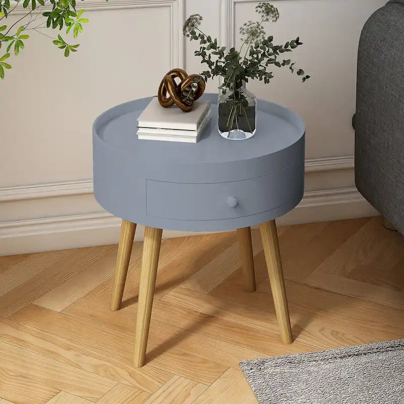 Mesa auxiliar blanca/gris con cajón, patas de roble, un solo uso