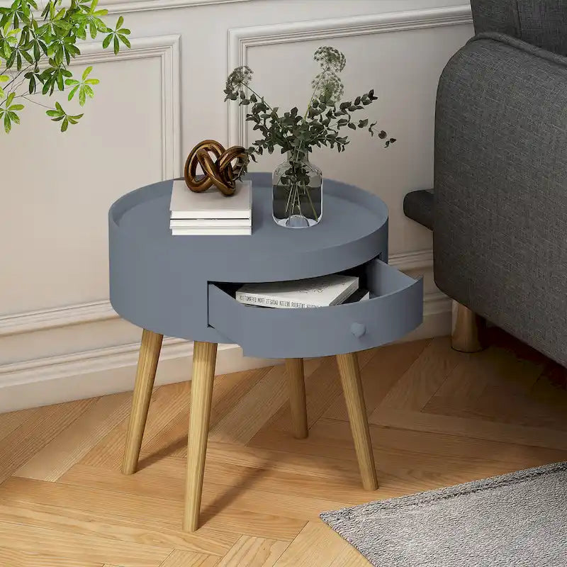 Mesa auxiliar blanca/gris con cajón, patas de roble, un solo uso