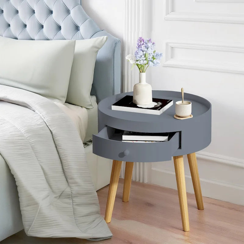 Mesa auxiliar blanca/gris con cajón, patas de roble, un solo uso