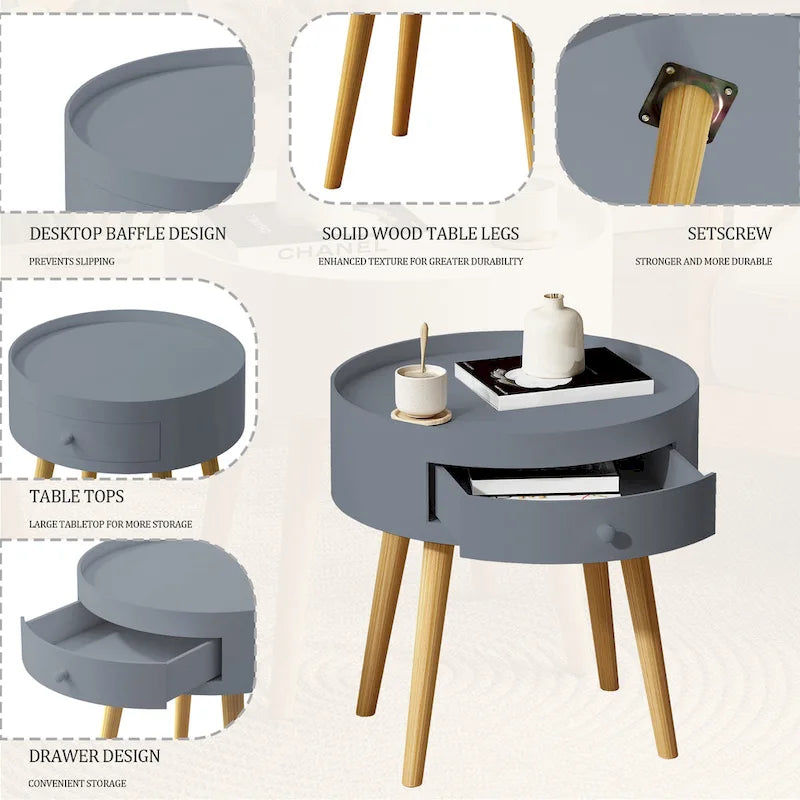 Mesa auxiliar blanca/gris con cajón, patas de roble, un solo uso