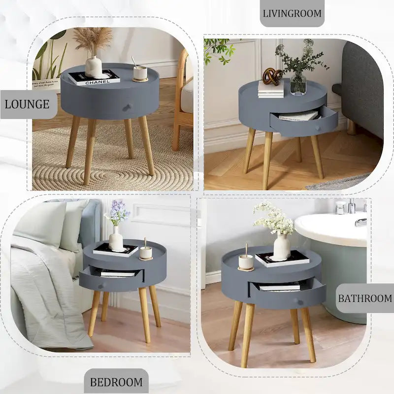 Mesa auxiliar blanca/gris con cajón, patas de roble, un solo uso