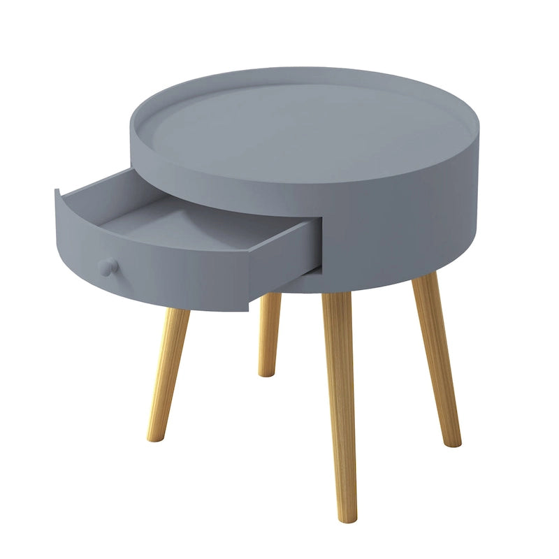 Mesa auxiliar blanca/gris con cajón, patas de roble, un solo uso