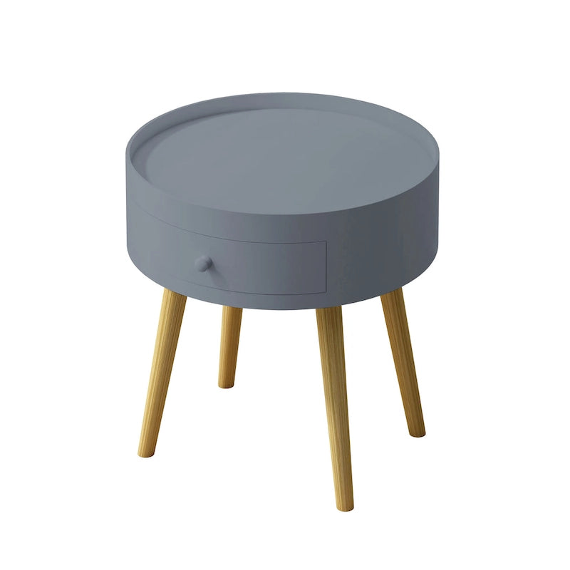 Mesa auxiliar blanca/gris con cajón, patas de roble, un solo uso