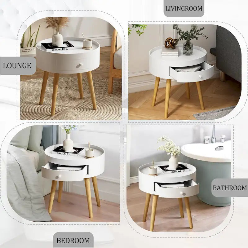 Mesa auxiliar blanca/gris con cajón, patas de roble, un solo uso