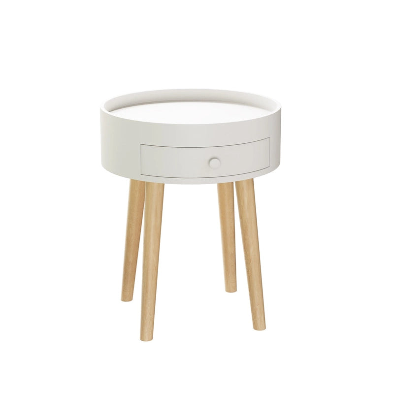 Mesa auxiliar blanca/gris con cajón, patas de roble, un solo uso