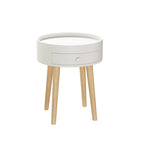 Mesa auxiliar blanca/gris con cajón, patas de roble, un solo uso