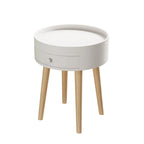 Mesa auxiliar blanca/gris con cajón, patas de roble, un solo uso