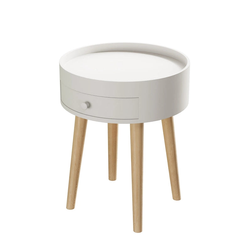 Mesa auxiliar blanca/gris con cajón, patas de roble, un solo uso