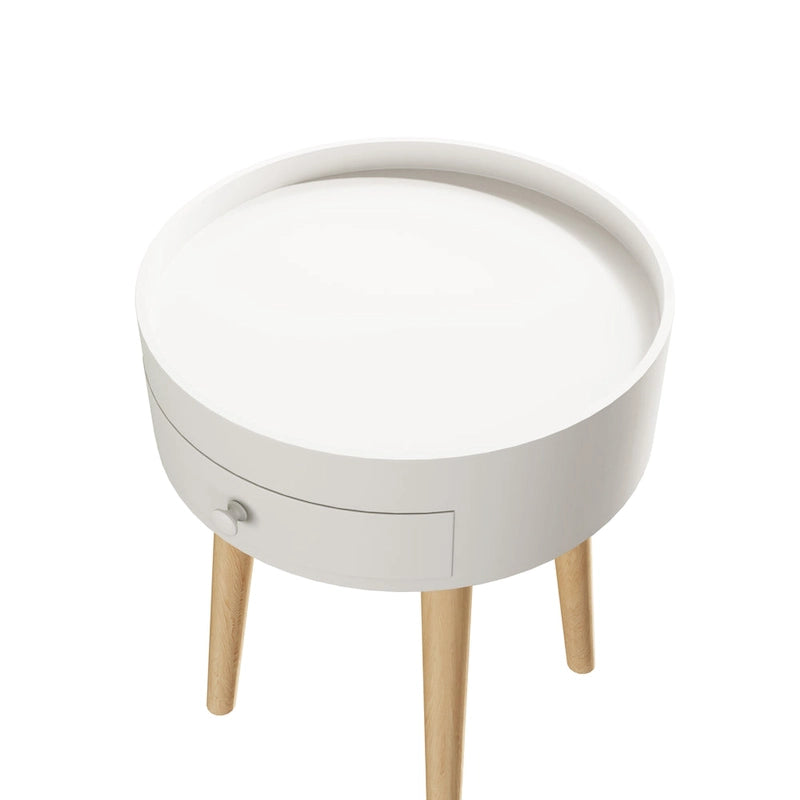 Mesa auxiliar blanca/gris con cajón, patas de roble, un solo uso