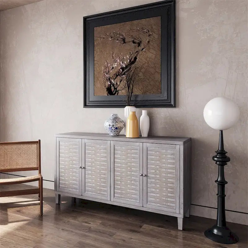 Aparador de madera natural con lavado, 4 puertas, montaje por 1 persona