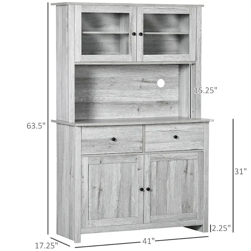 Aparador de cocina gris con vitrina, puertas de cristal y cajones – Una sola pieza