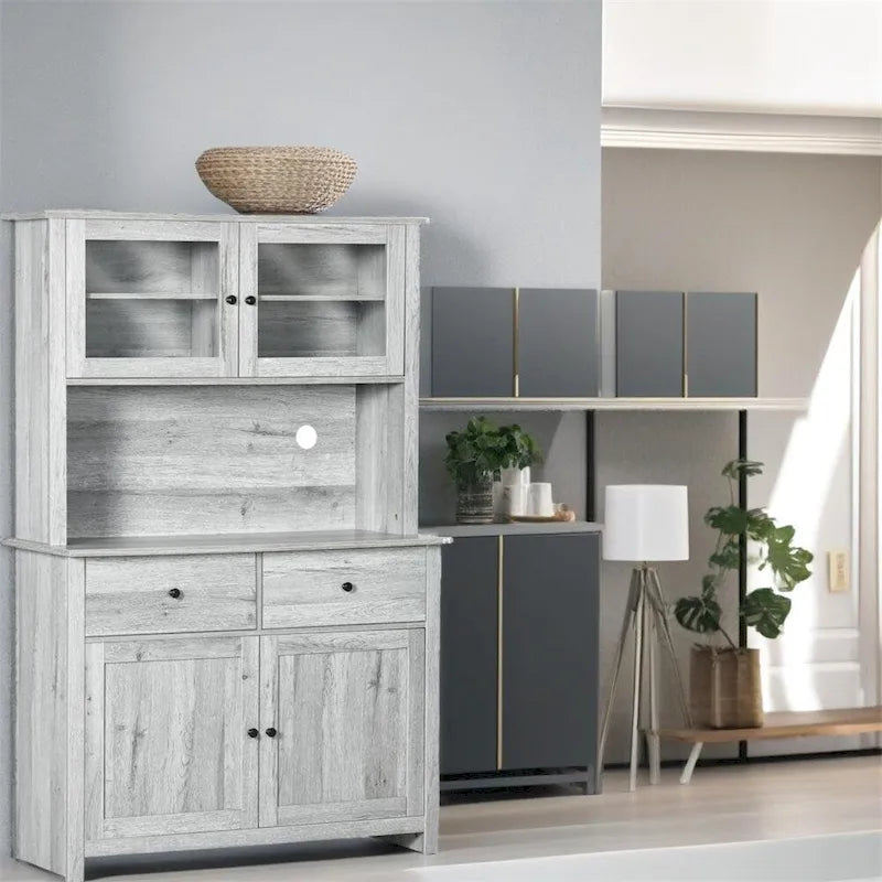 Aparador de cocina gris con vitrina, puertas de cristal y cajones – Una sola pieza