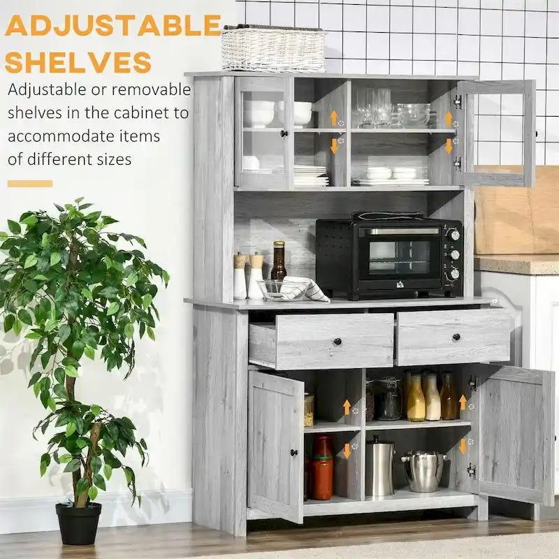 Aparador de cocina gris con vitrina, puertas de cristal y cajones – Una sola pieza