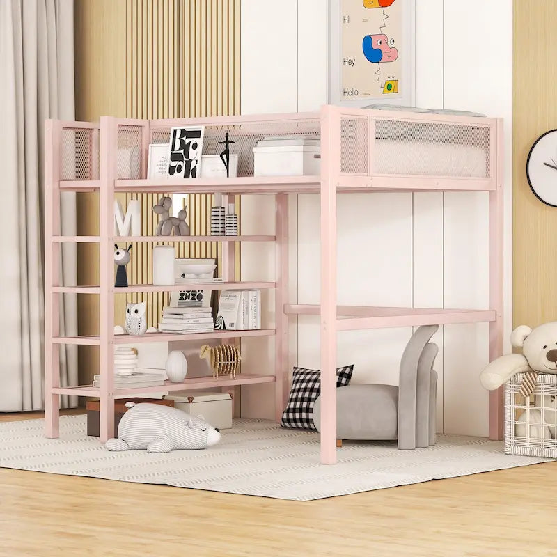 Cama alta individual de metal con estantes, color blanco/negro/rosa, para 1 persona