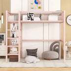 Cama alta individual de metal con estantes, color blanco/negro/rosa, para 1 persona