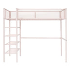 Cama alta individual de metal con estantes, color blanco/negro/rosa, para 1 persona