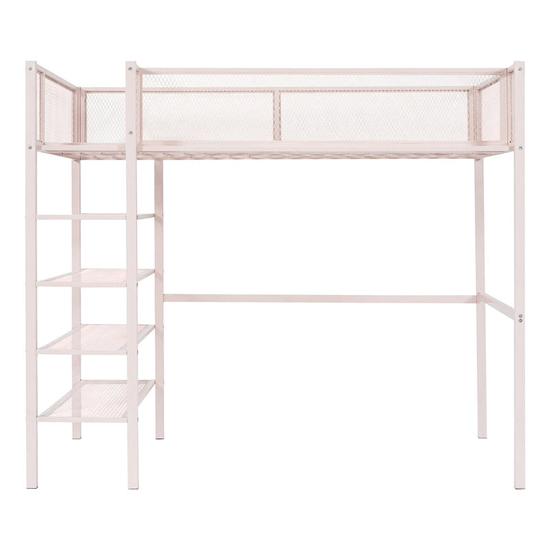 Cama alta individual de metal con estantes, color blanco/negro/rosa, para 1 persona