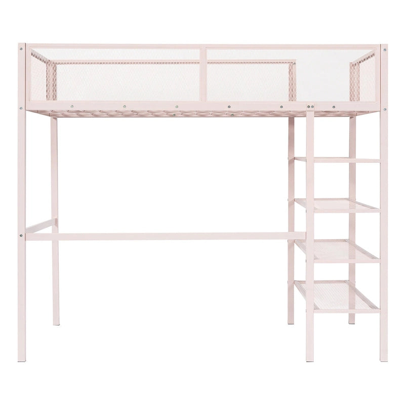 Cama alta individual de metal con estantes, color blanco/negro/rosa, para 1 persona