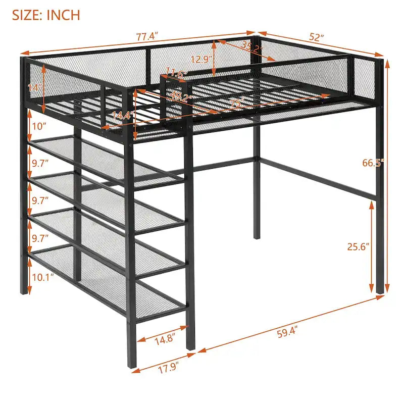 Cama alta individual de metal con estantes, color blanco/negro/rosa, para 1 persona