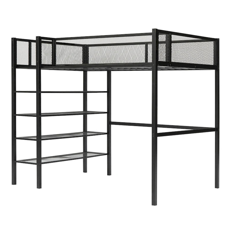 Cama alta individual de metal con estantes, color blanco/negro/rosa, para 1 persona