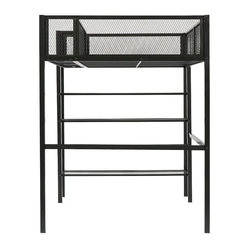 Cama alta individual de metal con estantes, color blanco/negro/rosa, para 1 persona