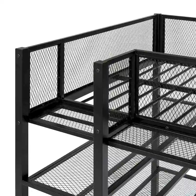 Cama alta individual de metal con estantes, color blanco/negro/rosa, para 1 persona