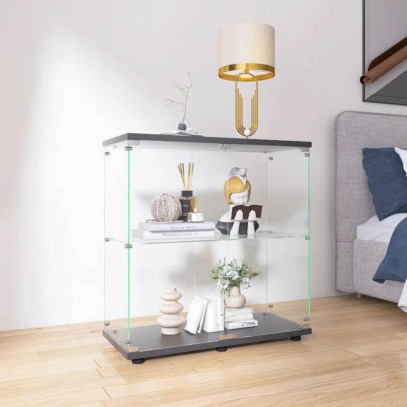 Vitrina de cristal de 2 puertas, 2 estantes, para 1 persona, blanca/negra