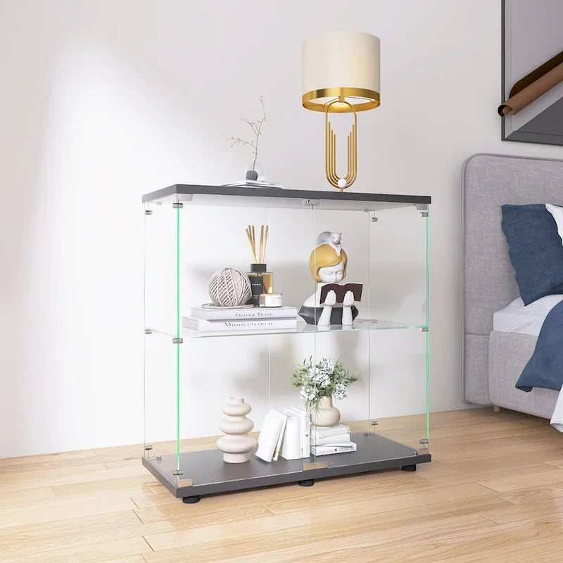 Vitrina de cristal de 2 puertas, 2 estantes, para 1 persona, blanca/negra