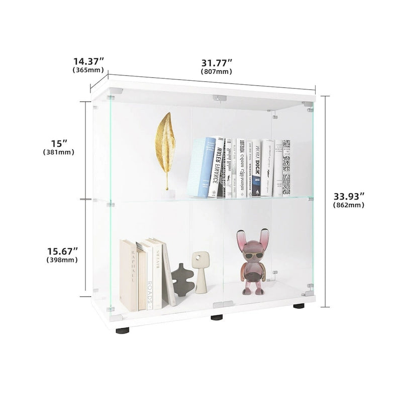 Vitrina de cristal de 2 puertas, 2 estantes, para 1 persona, blanca/negra
