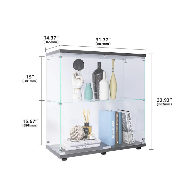 Vitrina de cristal de 2 puertas, 2 estantes, para 1 persona, blanca/negra