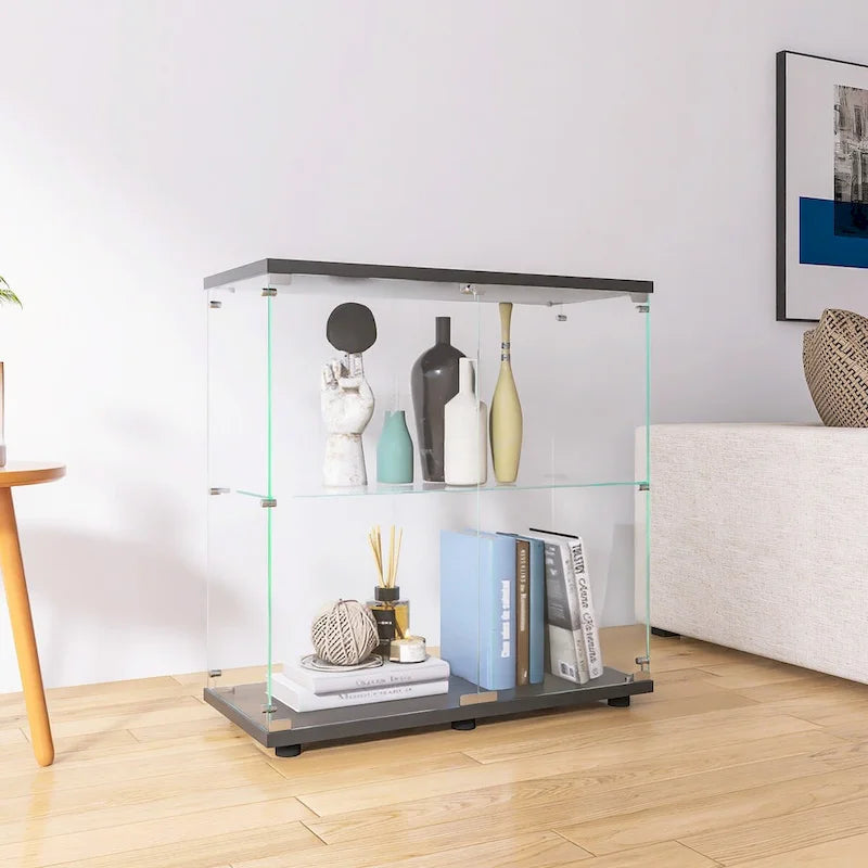Vitrina de cristal de 2 puertas, 2 estantes, para 1 persona, blanca/negra