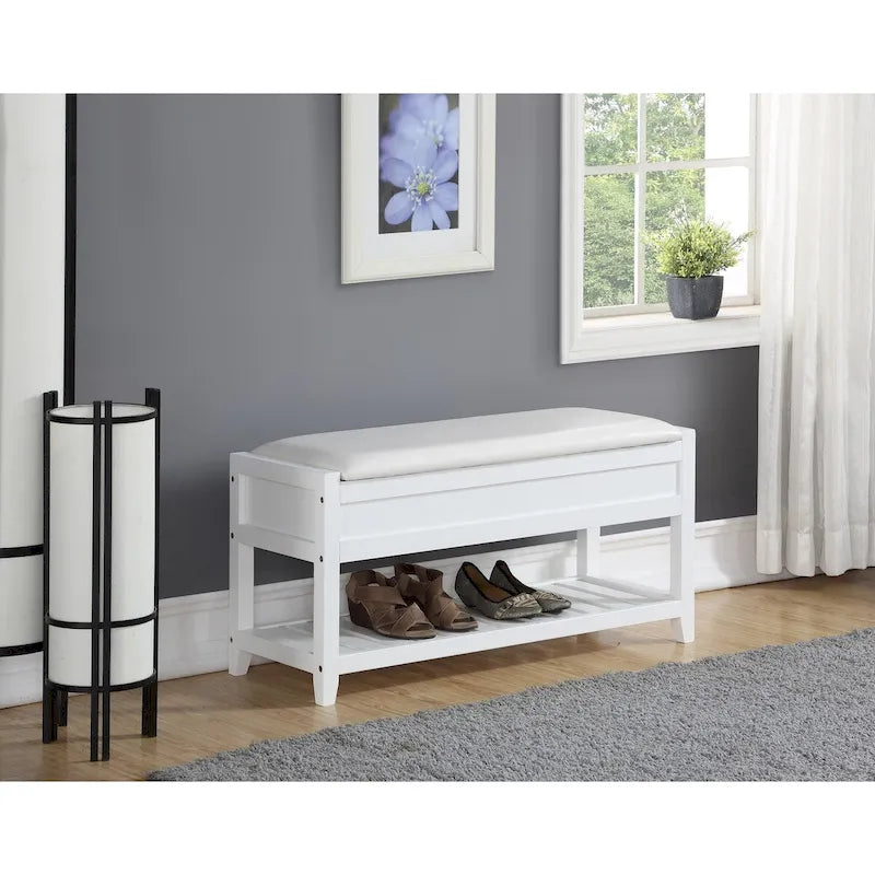 Banco de almacenamiento tapizado blanco/espresso con zapatero, 1 asiento