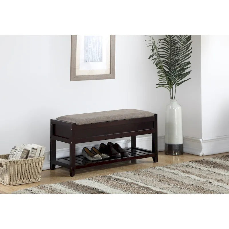 Banco de almacenamiento tapizado blanco/espresso con zapatero, 1 asiento