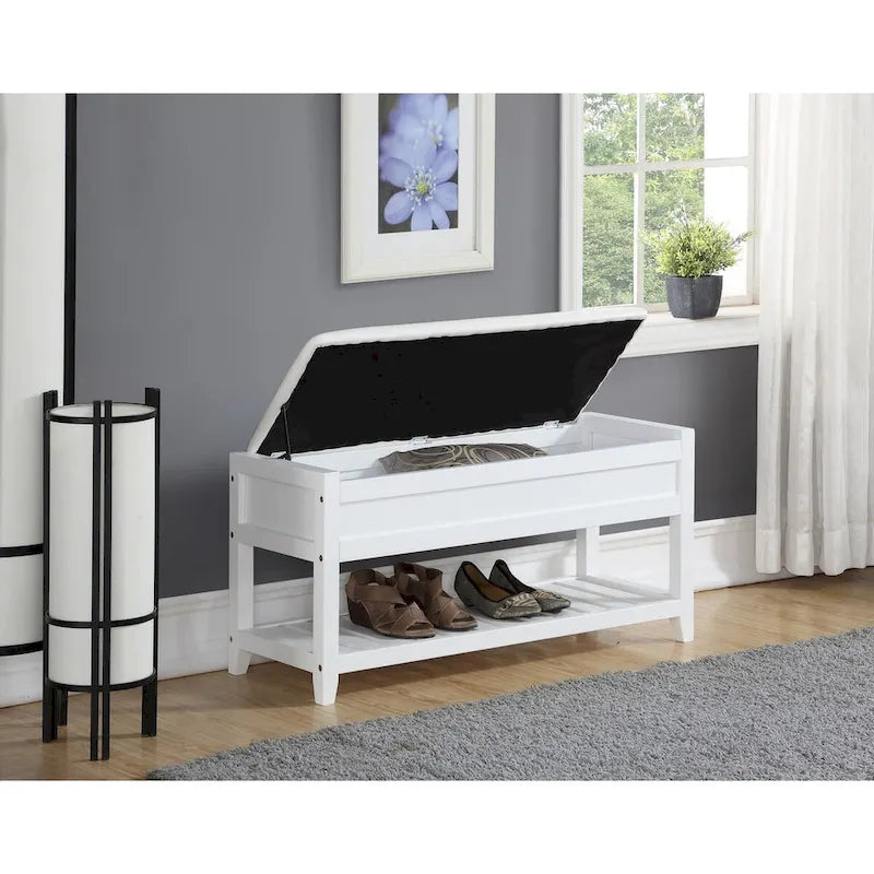 Banco de almacenamiento tapizado blanco/espresso con zapatero, 1 asiento